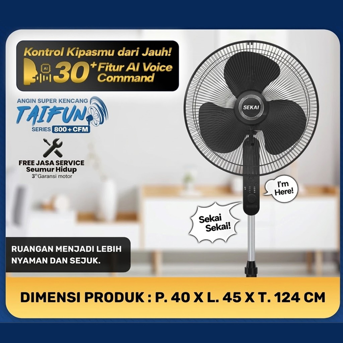 Sekai Kipas Angin Berdiri AI Voice Command 16 Inch Hitam - SFN1681AI